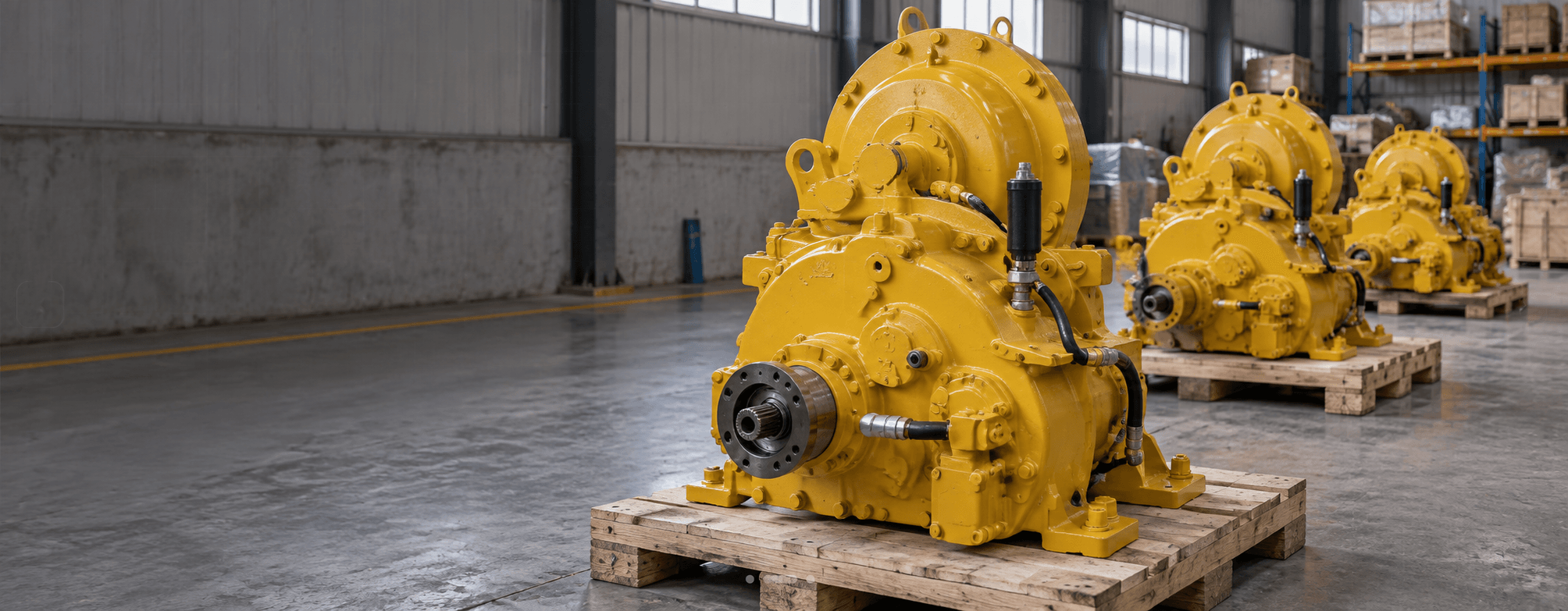 Yellow loader transmissions staged on pallets in the plant warehouse